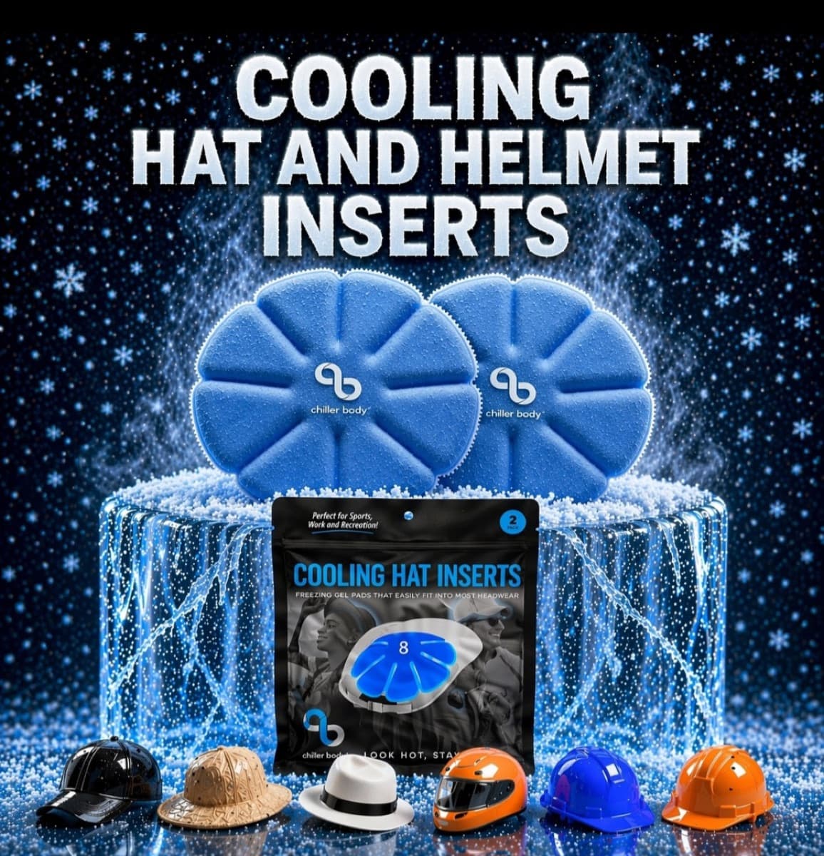 Chiller Body cooling hat and helmet inserts shown with baseball cap, fedora, panama hat, motorcycle helmet, and hard hats on a frosted ice display